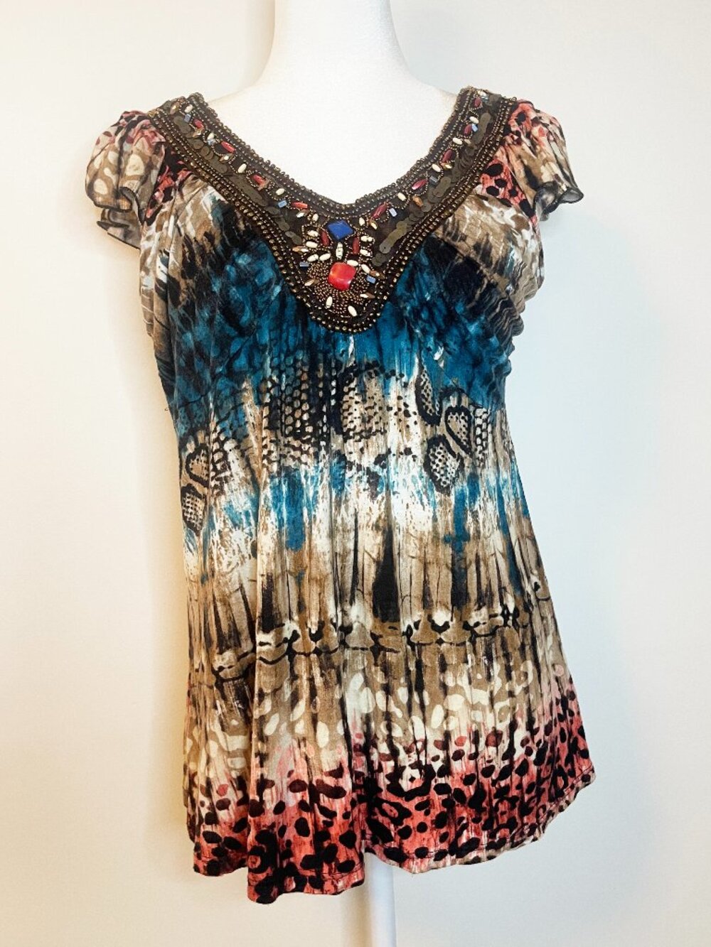 Vintage Dressbarn Beaded Embellished Abstract Animal Print Y2K Top Women’s L
